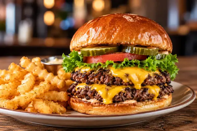 Bright KC Social food and drink AI editorial inspiration for Burgers; not a photograph of Burg & Barrel or its actual menu