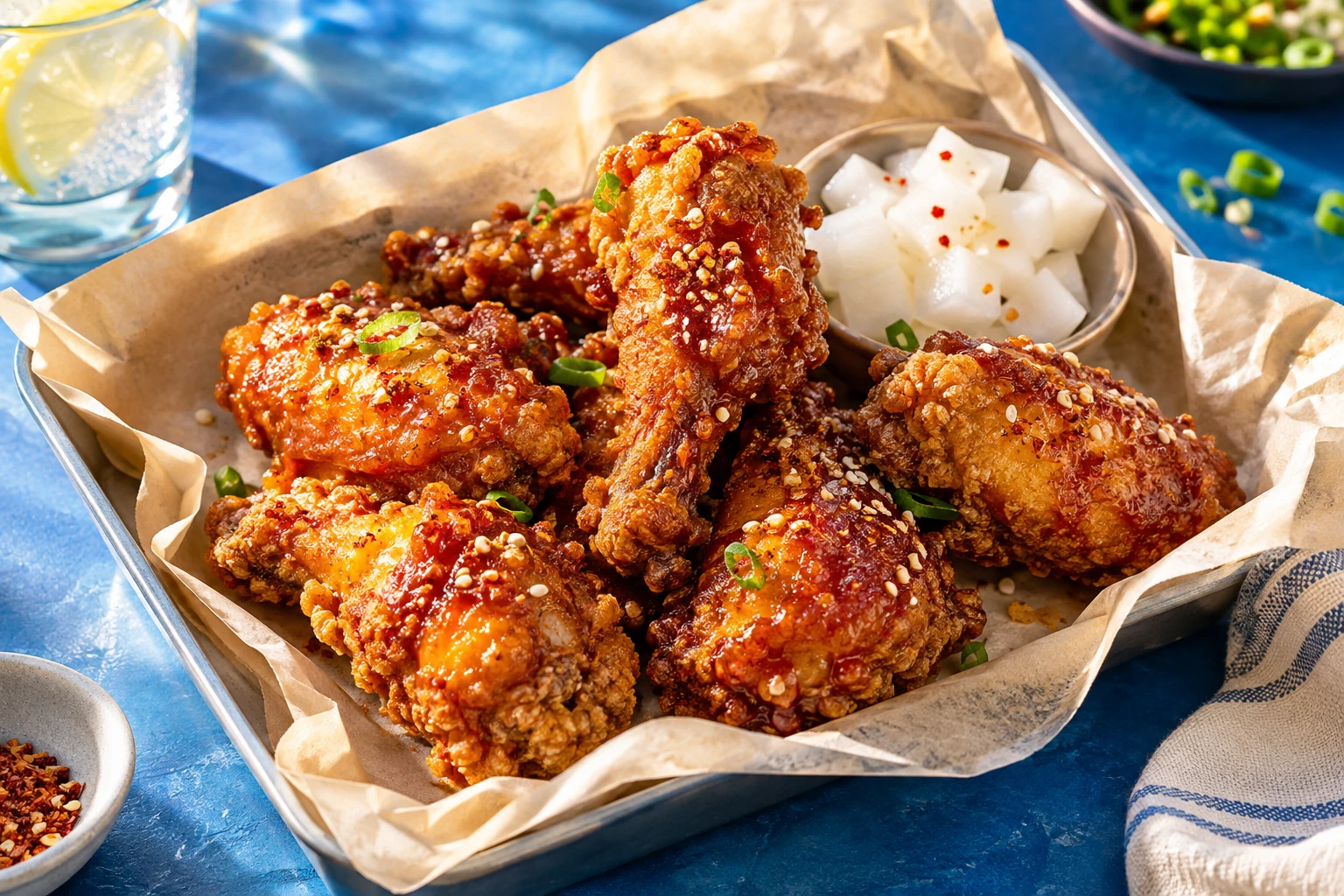 Bright KC Social food and drink AI editorial inspiration for Korean Fried Chicken; not a photograph of bb.q Chicken or its actual menu