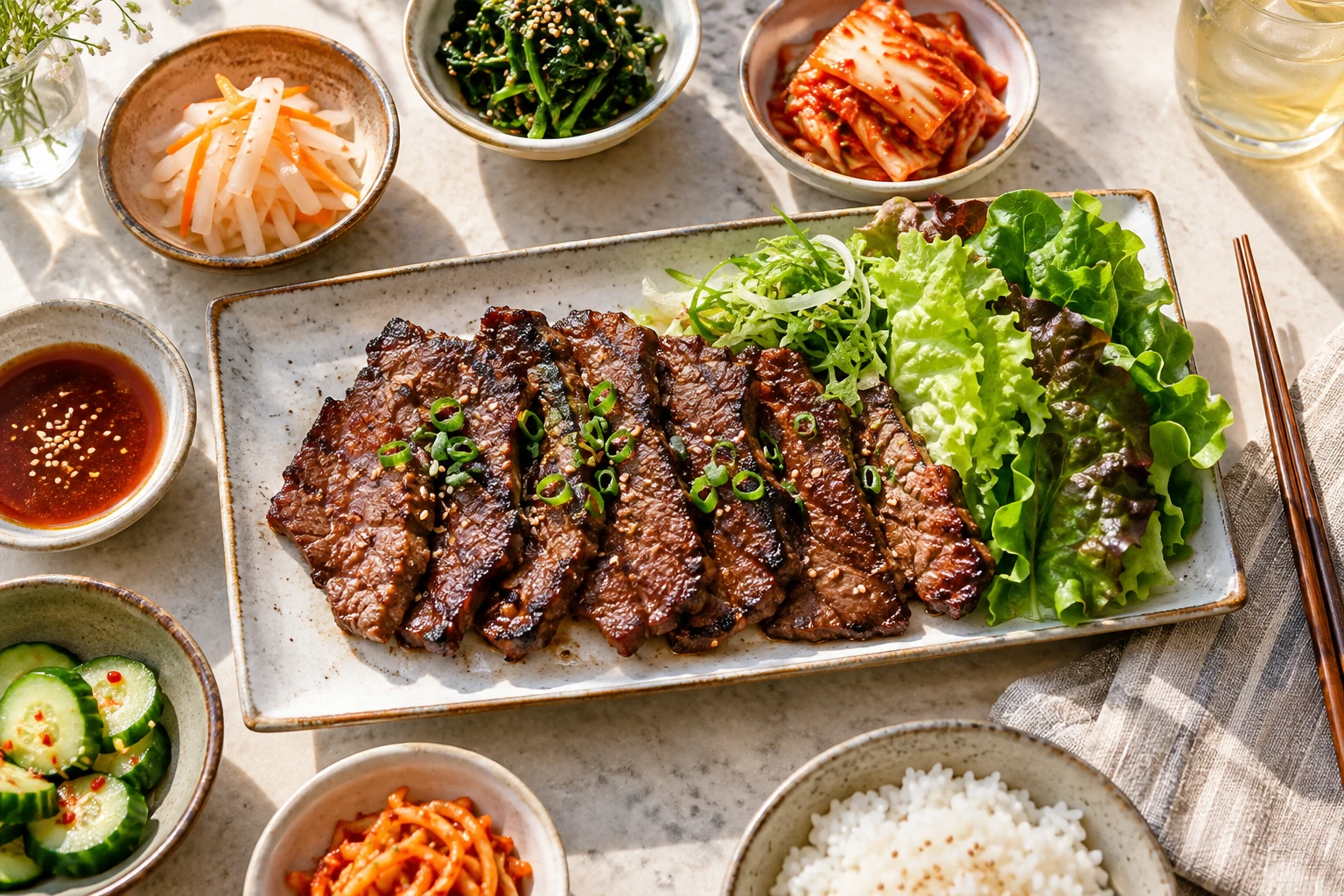 Bright KC Social food and drink AI editorial inspiration for Korean; not a photograph of Chosun Korean BBQ or its actual menu