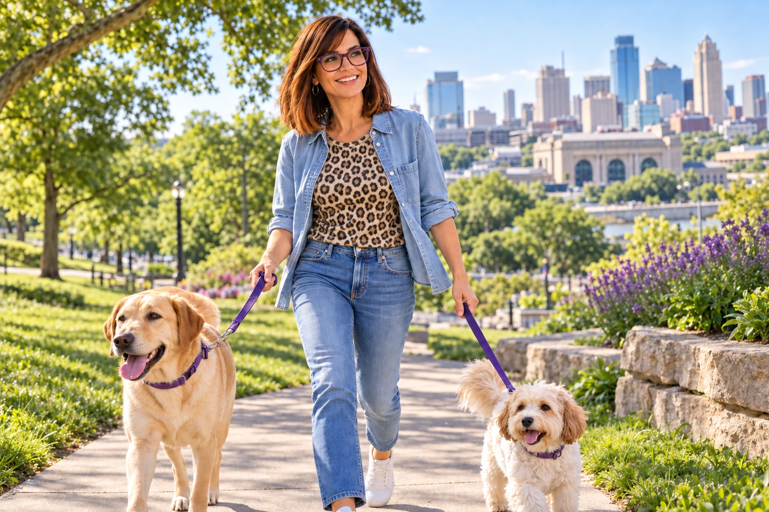 Claire walking two dogs in a sunny Kansas City park — AI editorial portrait