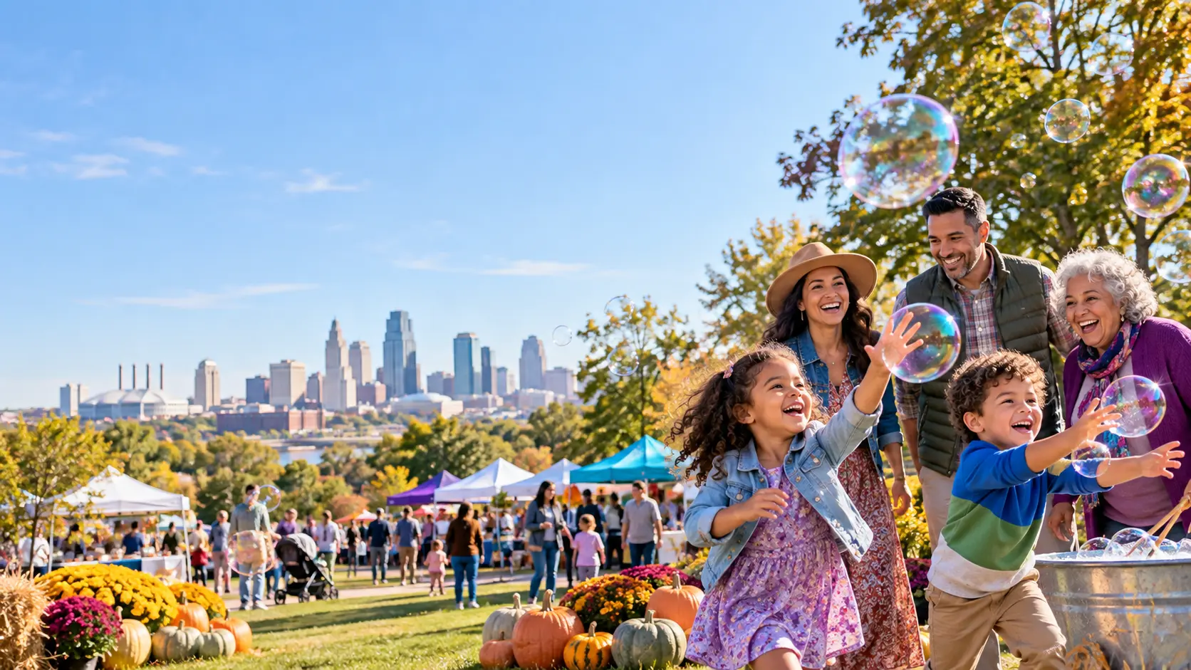 Family enjoying bubbles, pumpkins and a sunny Kansas City weekend market