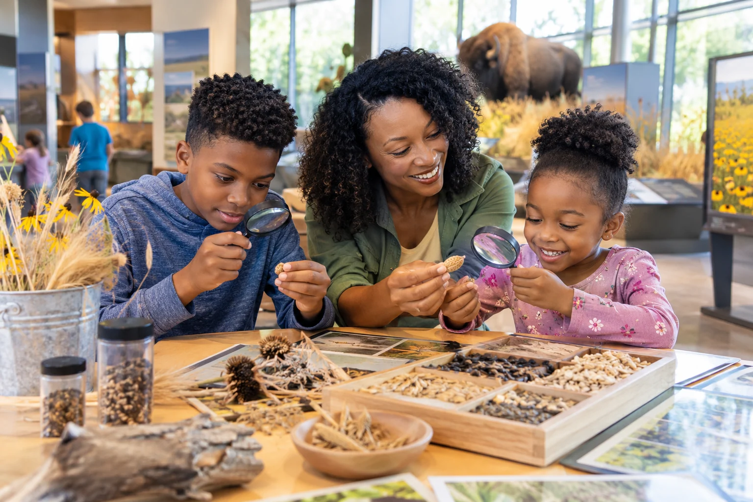 AI-generated family outing inspired by Anita B. Gorman Conservation Discovery Center; not a photograph of the venue.