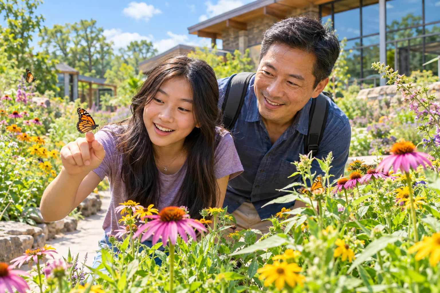 AI-generated family outing inspired by Anita B. Gorman Conservation Discovery Center; not a photograph of the venue.