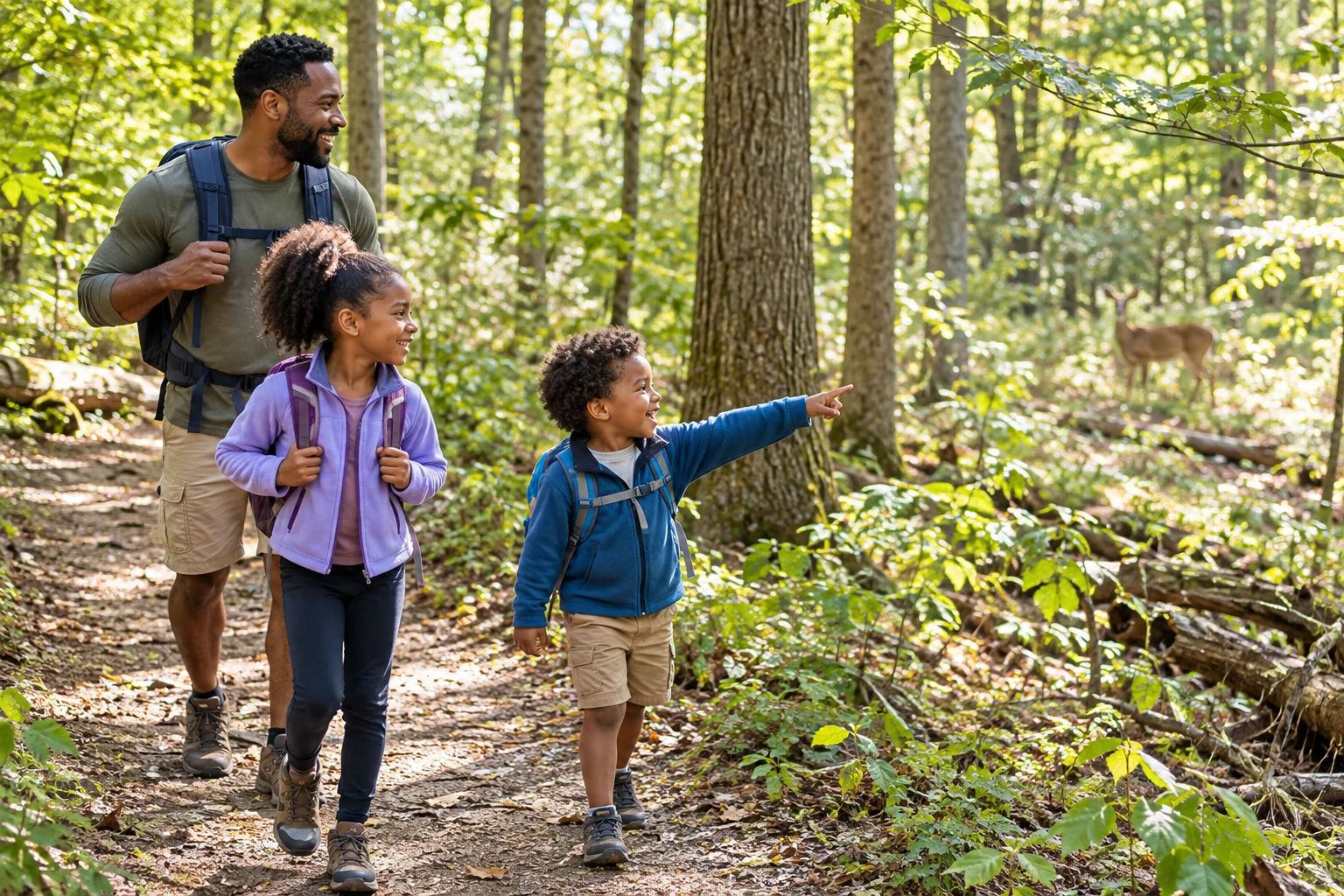 AI-generated family outing inspired by Burr Oak Woods Conservation Area; not a photograph of the venue.
