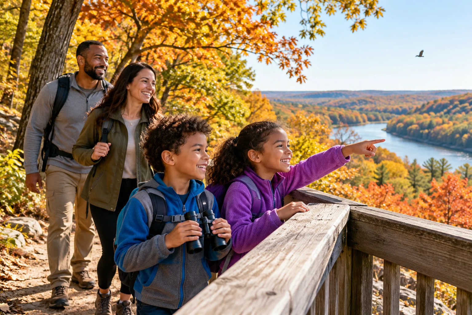 AI-generated family outing inspired by Burr Oak Woods Conservation Area; not a photograph of the venue.