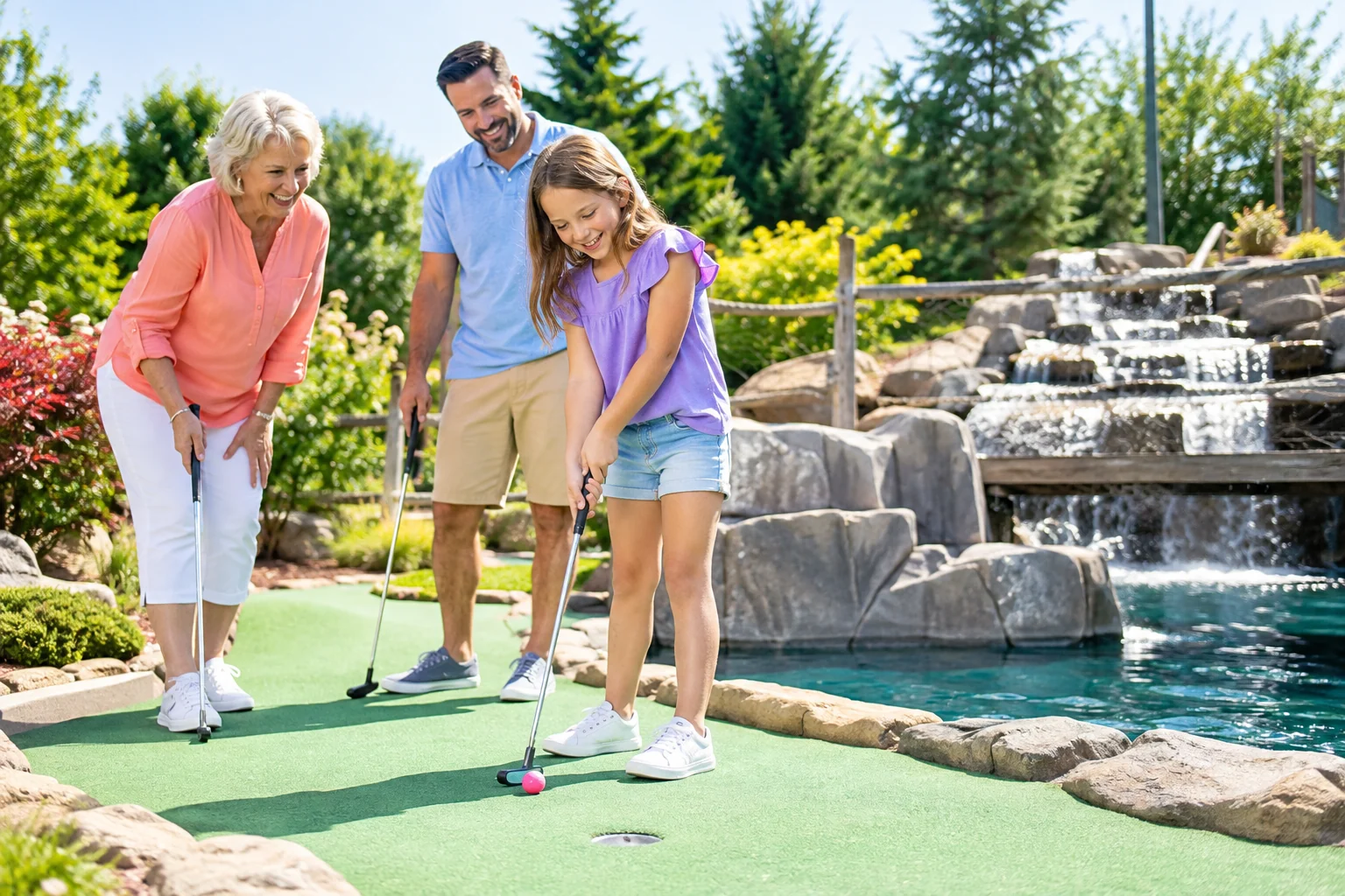 AI-generated family outing inspired by Cool Crest Family Entertainment Center; not a photograph of the venue.