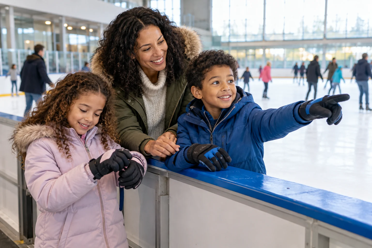 AI-generated family outing inspired by Independence Community Ice; not a photograph of the venue.