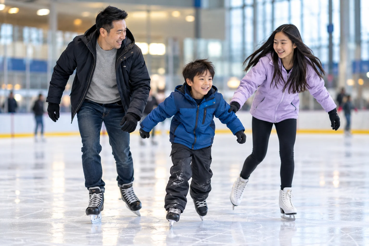 AI-generated family outing inspired by Independence Community Ice; not a photograph of the venue.