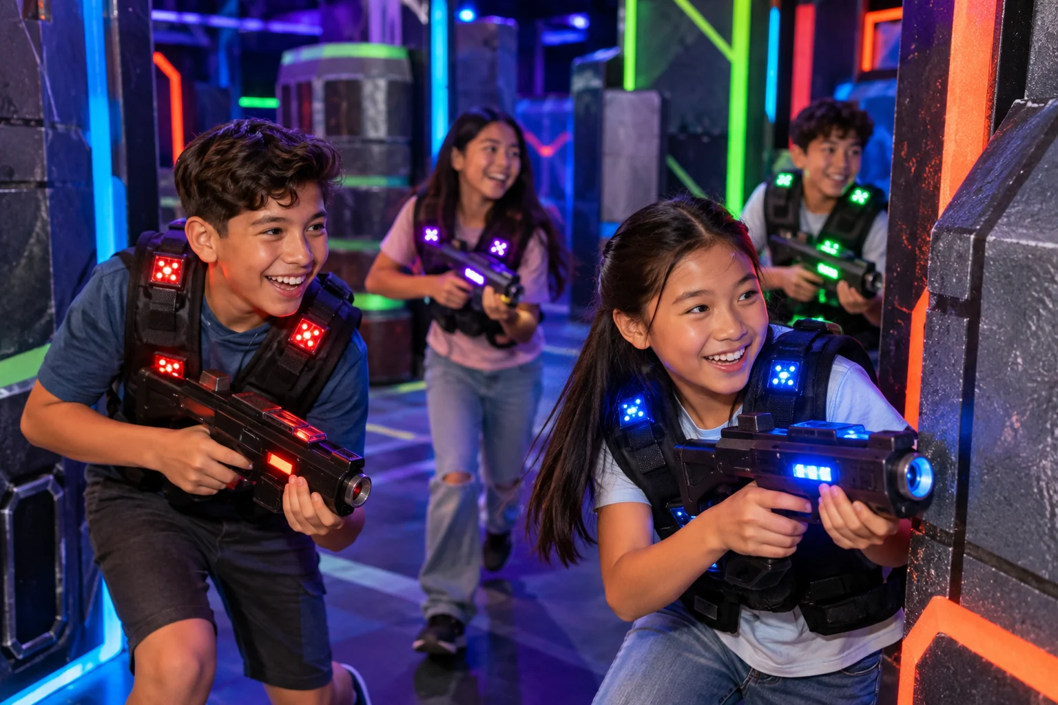 AI-generated family outing inspired by Jaegers Laser Tag; not a photograph of the venue.