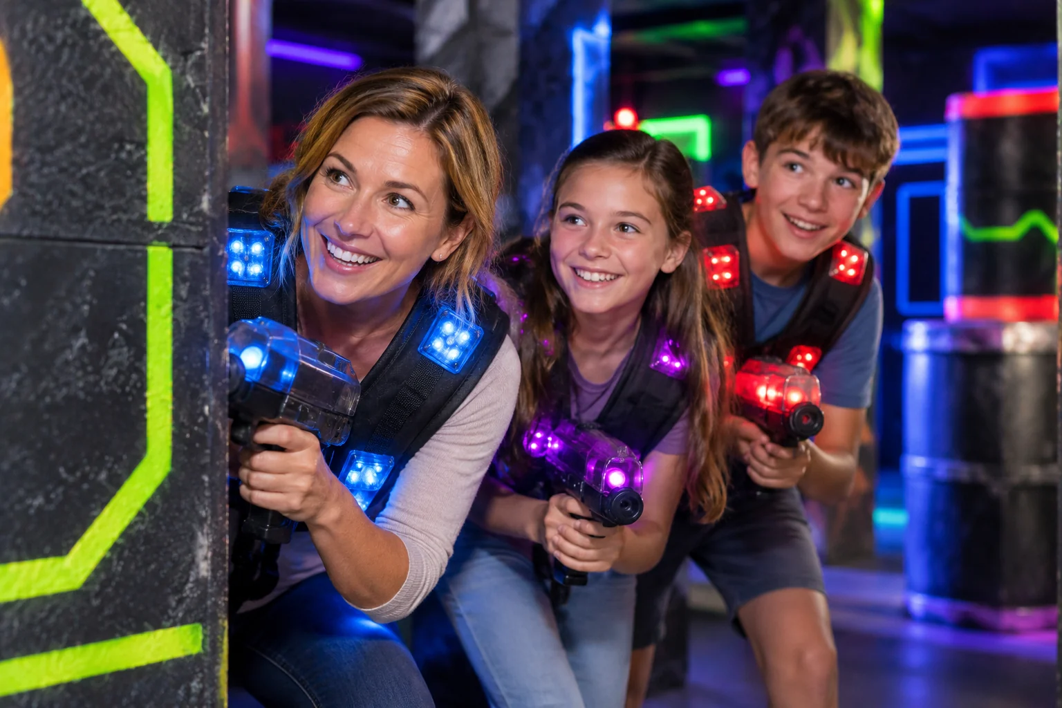 AI-generated family outing inspired by Jaegers Laser Tag; not a photograph of the venue.