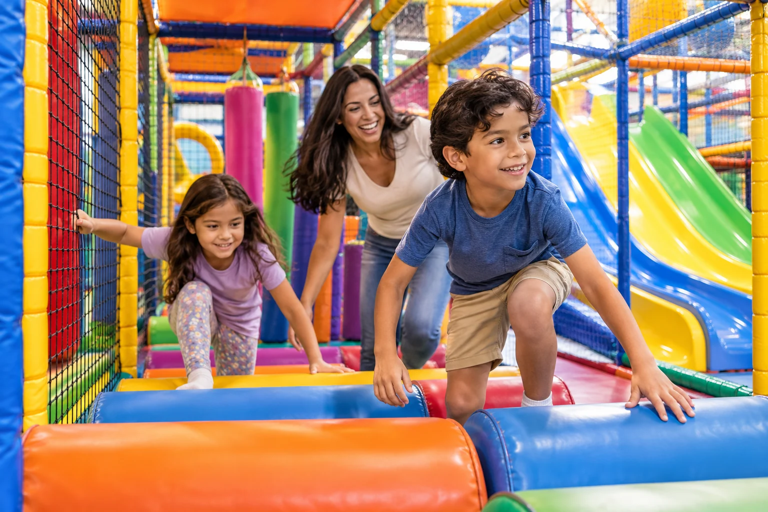 AI-generated family outing inspired by Kids Empire · North Kansas City; not a photograph of the venue.