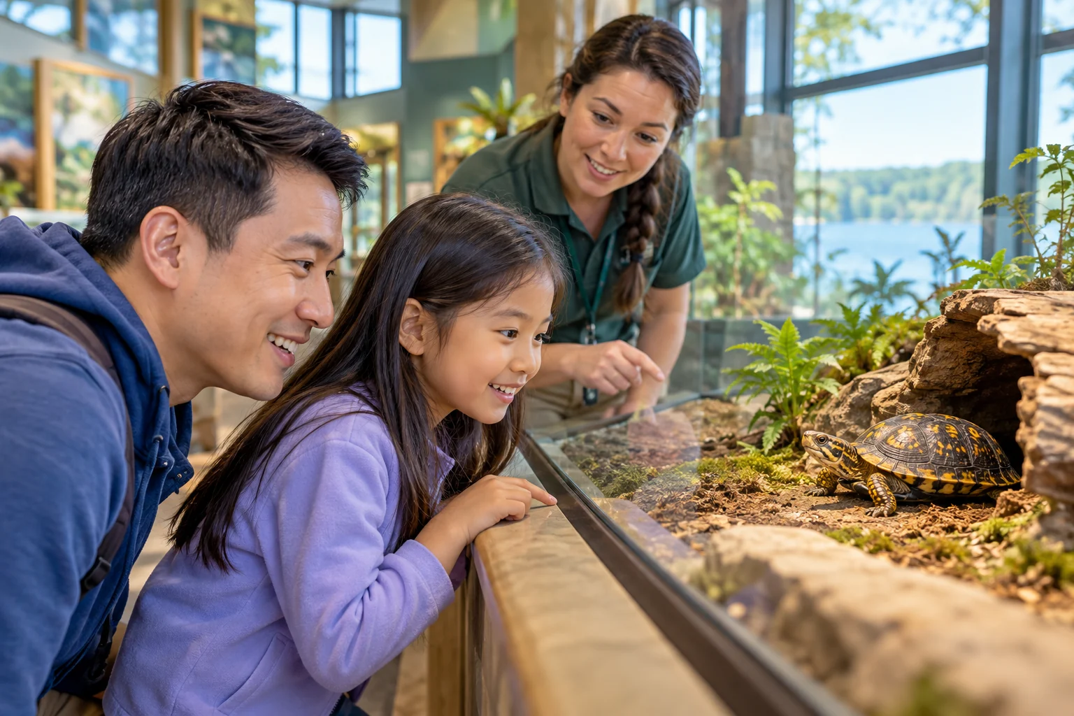 AI-generated family outing inspired by Lakeside Nature Center; not a photograph of the venue.