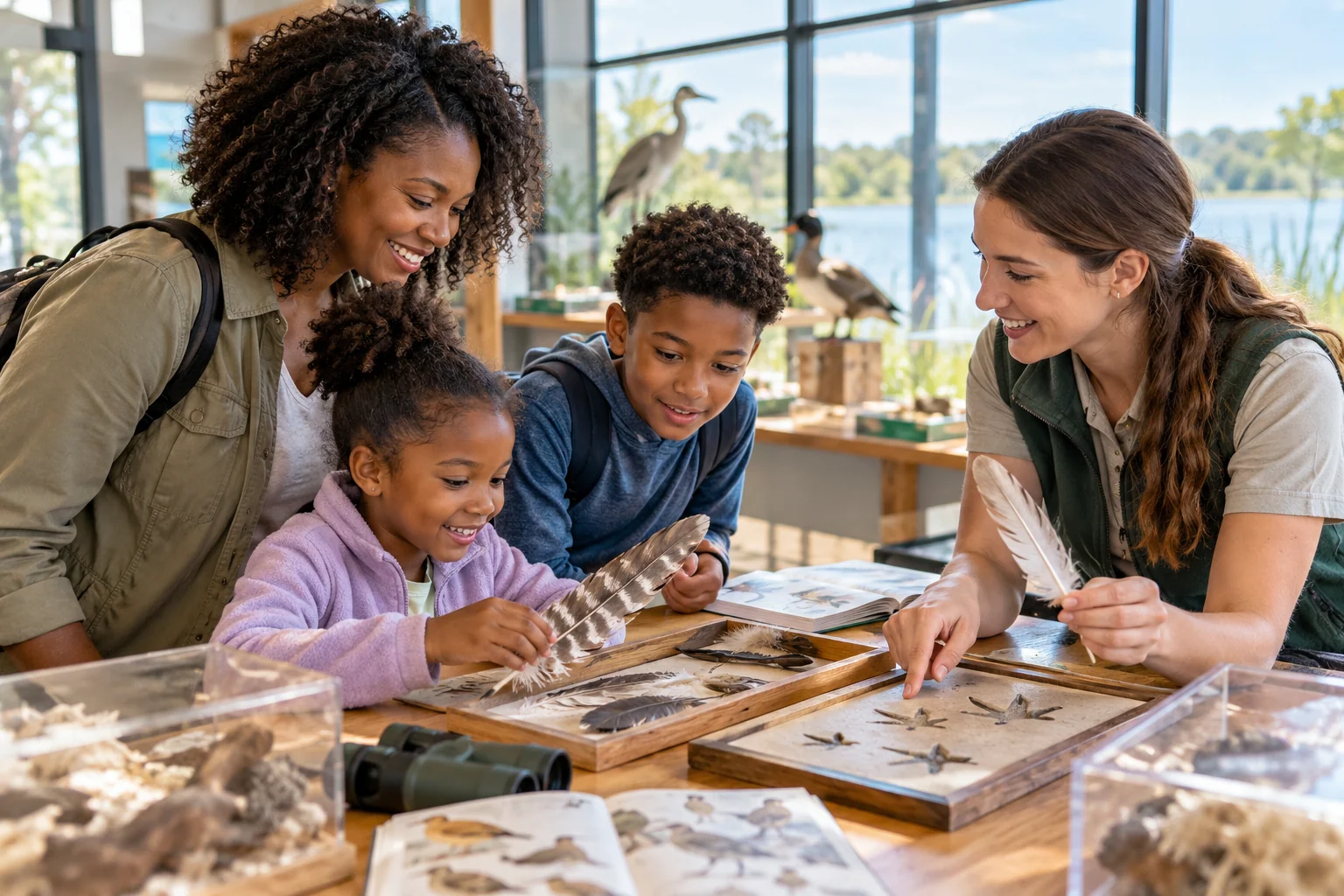 AI-generated family outing inspired by Lakeside Nature Center; not a photograph of the venue.