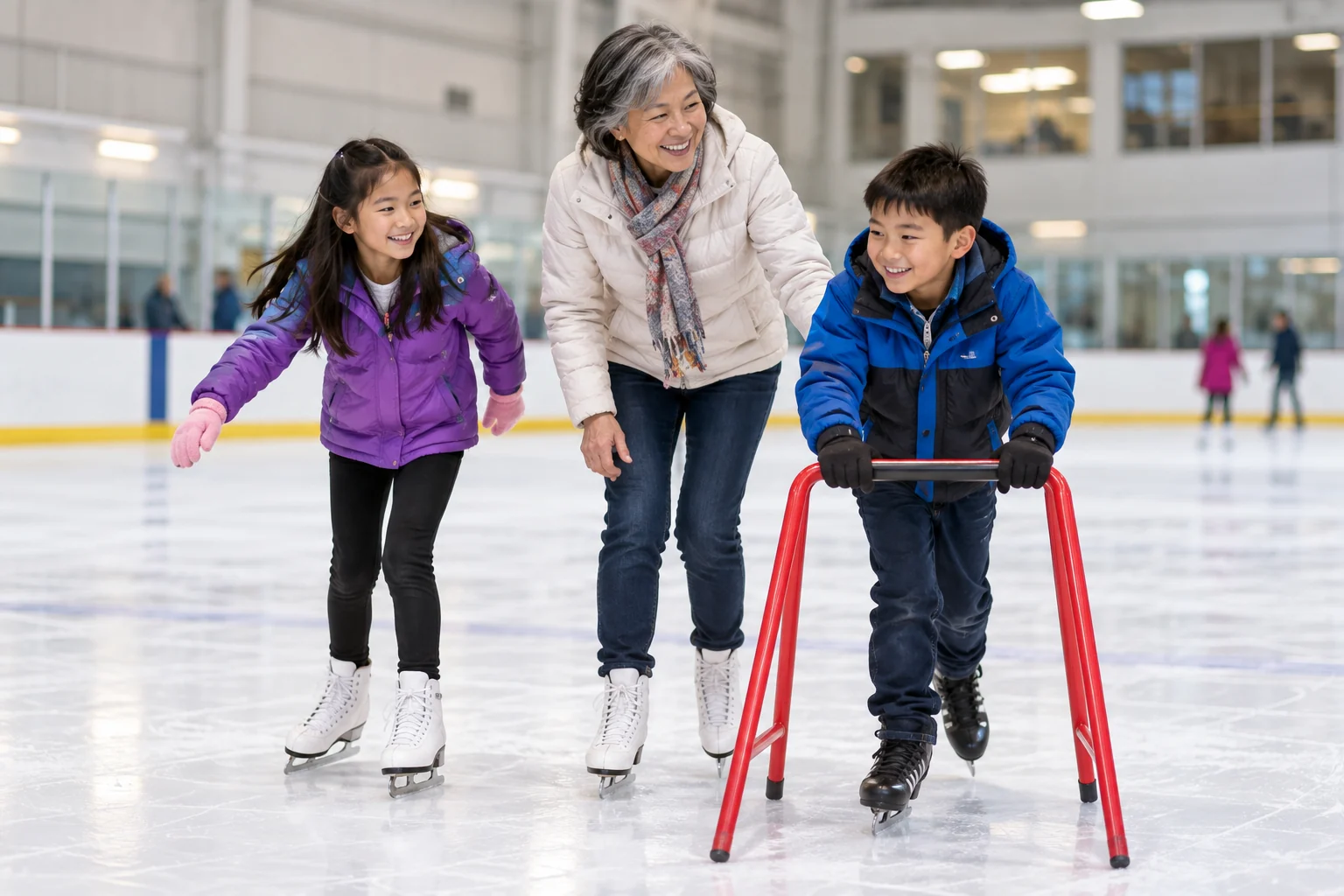 AI-generated family outing inspired by Line Creek Community Center & Ice Arena; not a photograph of the venue.