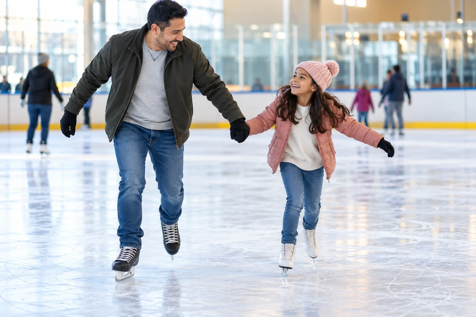 AI-generated family outing inspired by Line Creek Community Center & Ice Arena; not a photograph of the venue.