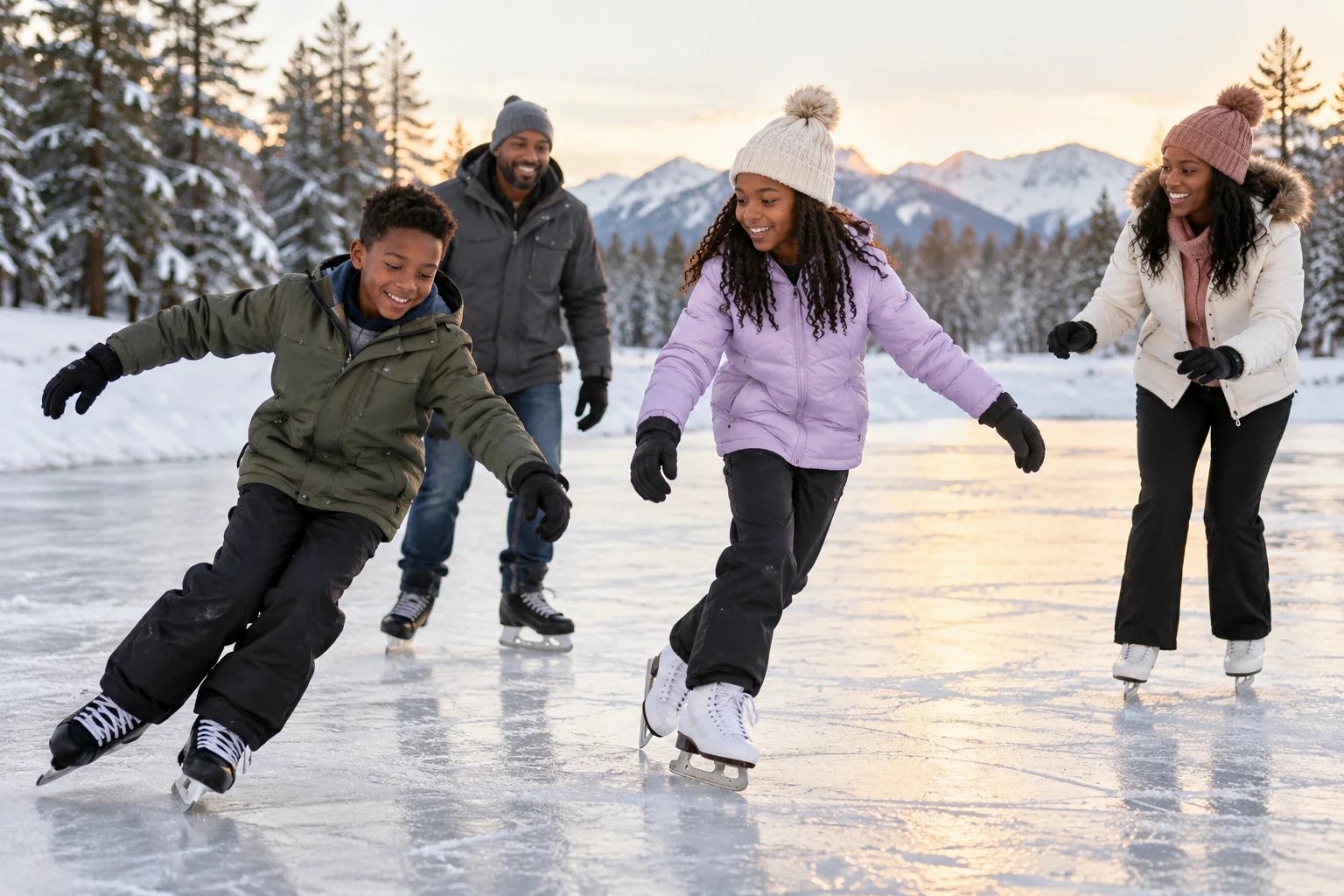 AI-generated family outing inspired by Line Creek Community Center & Ice Arena; not a photograph of the venue.