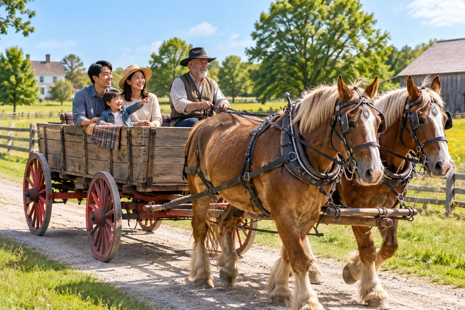 AI-generated family outing inspired by Mahaffie Stagecoach Stop & Farm; not a photograph of the venue.