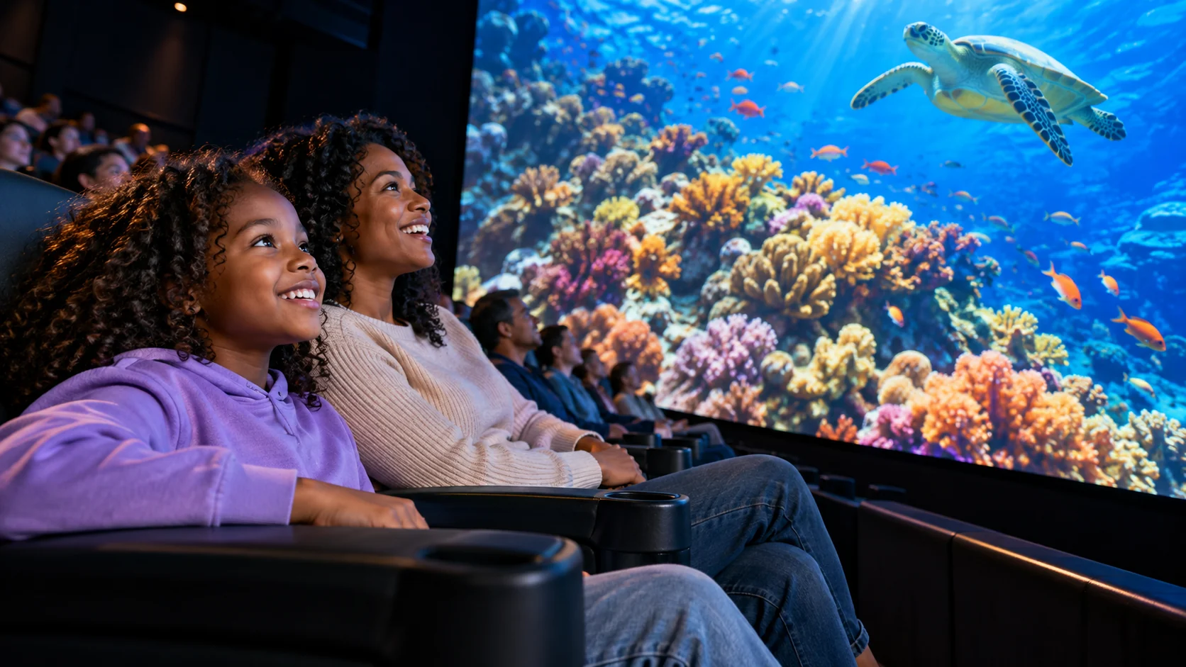 AI-generated family outing inspired by Regnier Extreme Screen Theatre; not a photograph of the venue.