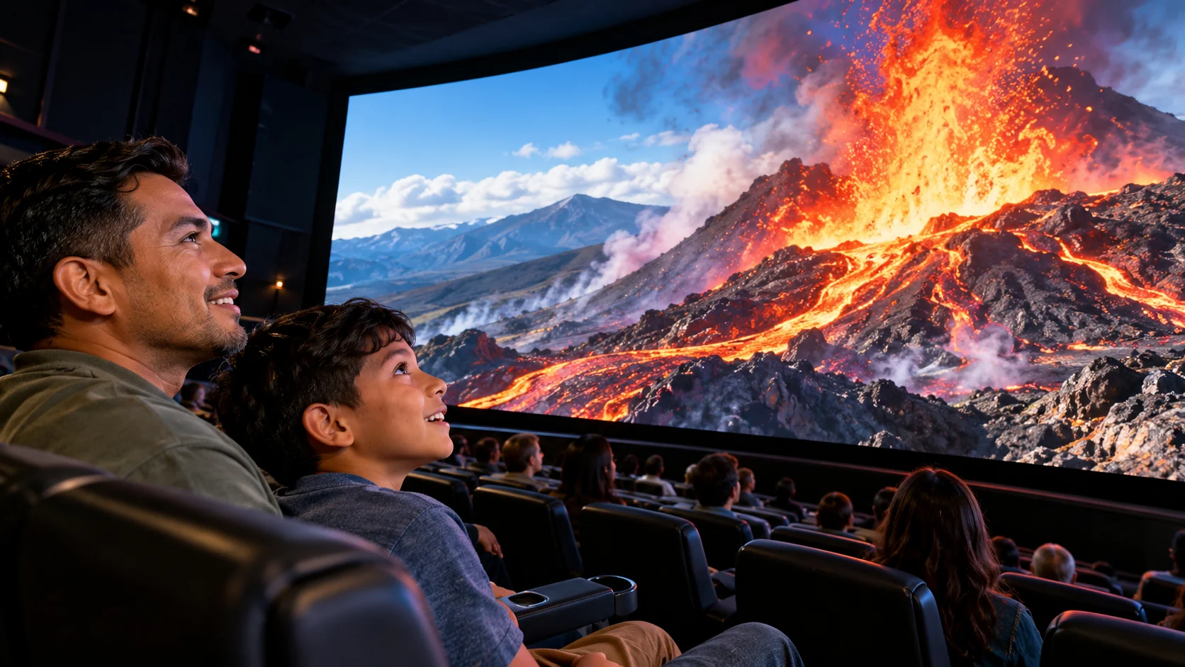 AI-generated family outing inspired by Regnier Extreme Screen Theatre; not a photograph of the venue.