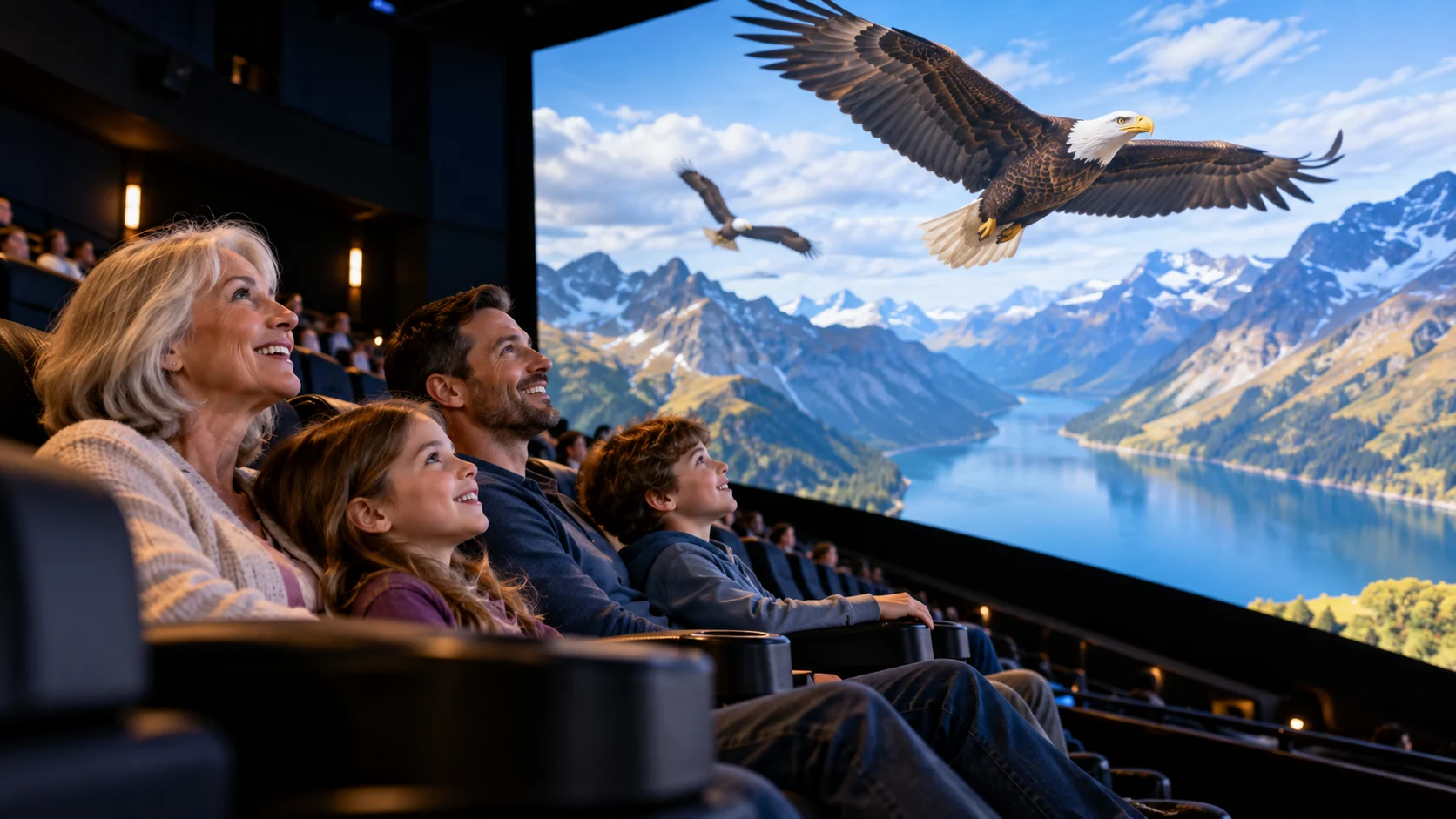 AI-generated family outing inspired by Regnier Extreme Screen Theatre; not a photograph of the venue.