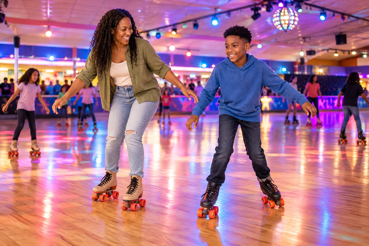 AI-generated family outing inspired by Skate City · Overland Park; not a photograph of the venue.