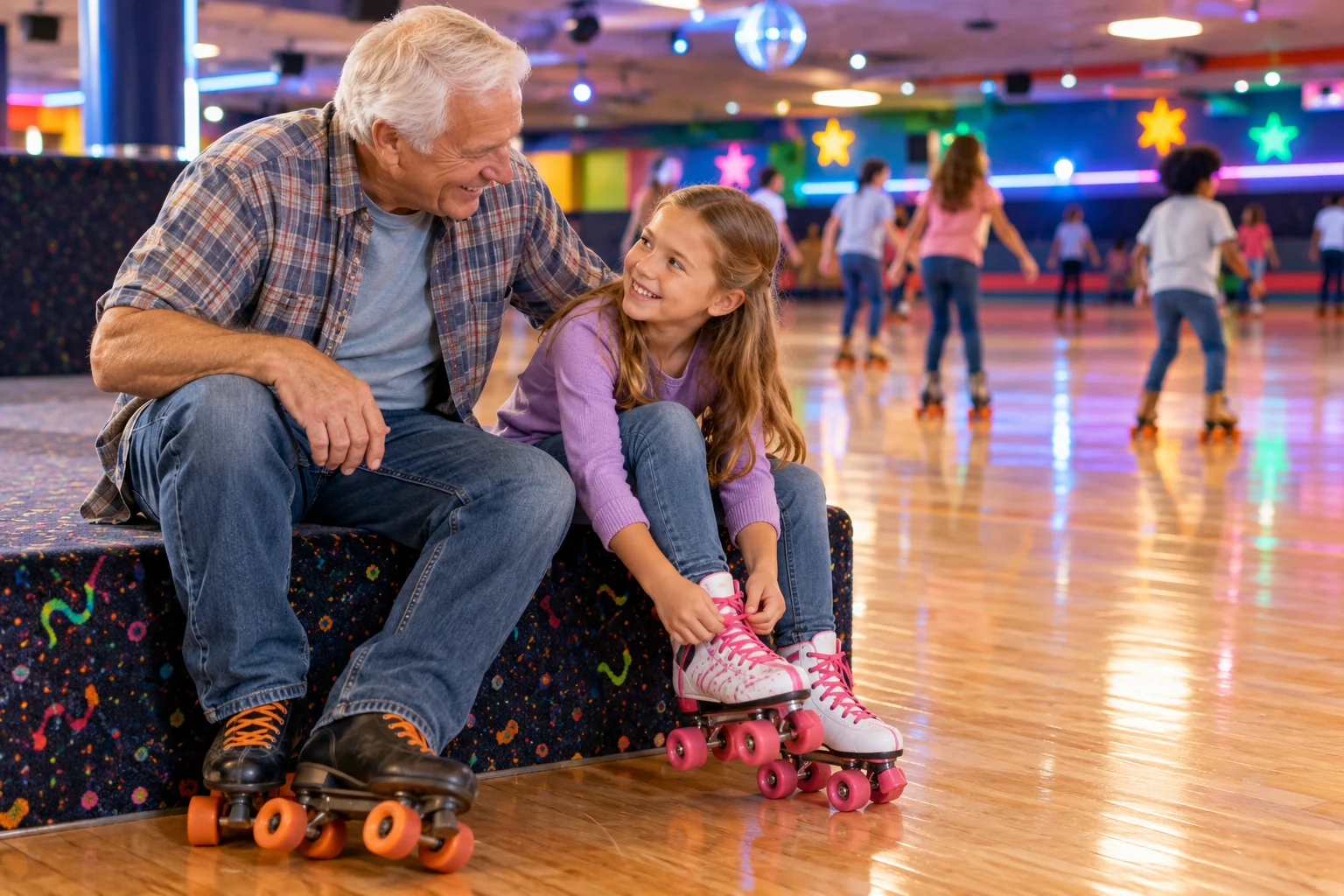 AI-generated family outing inspired by Skate City · Overland Park; not a photograph of the venue.