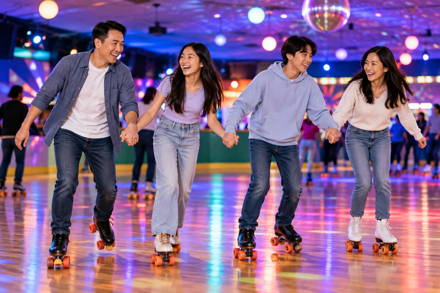 AI-generated family outing inspired by Skate City · Overland Park; not a photograph of the venue.