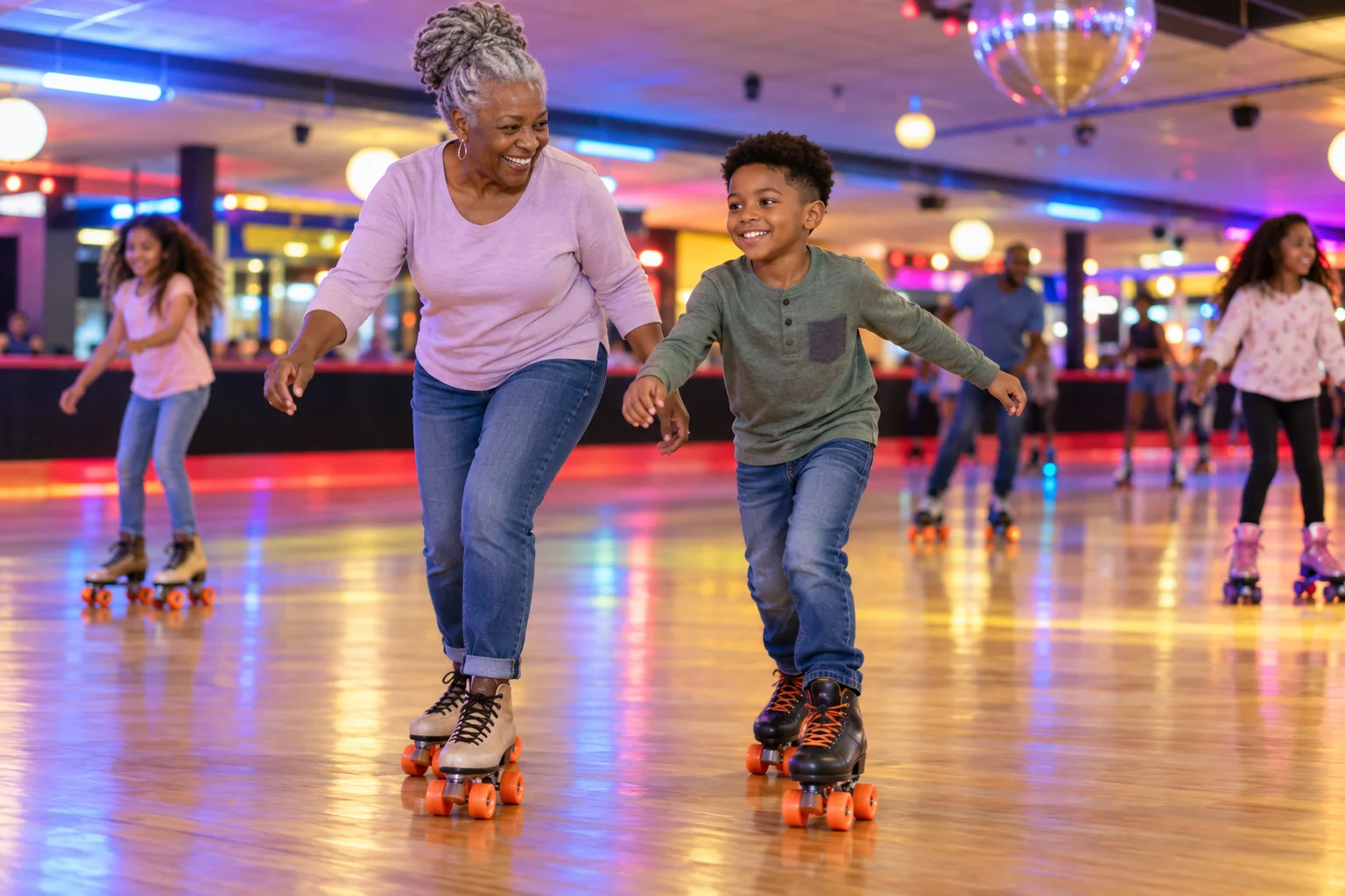 AI-generated family outing inspired by Skate City · Shawnee Mission; not a photograph of the venue.