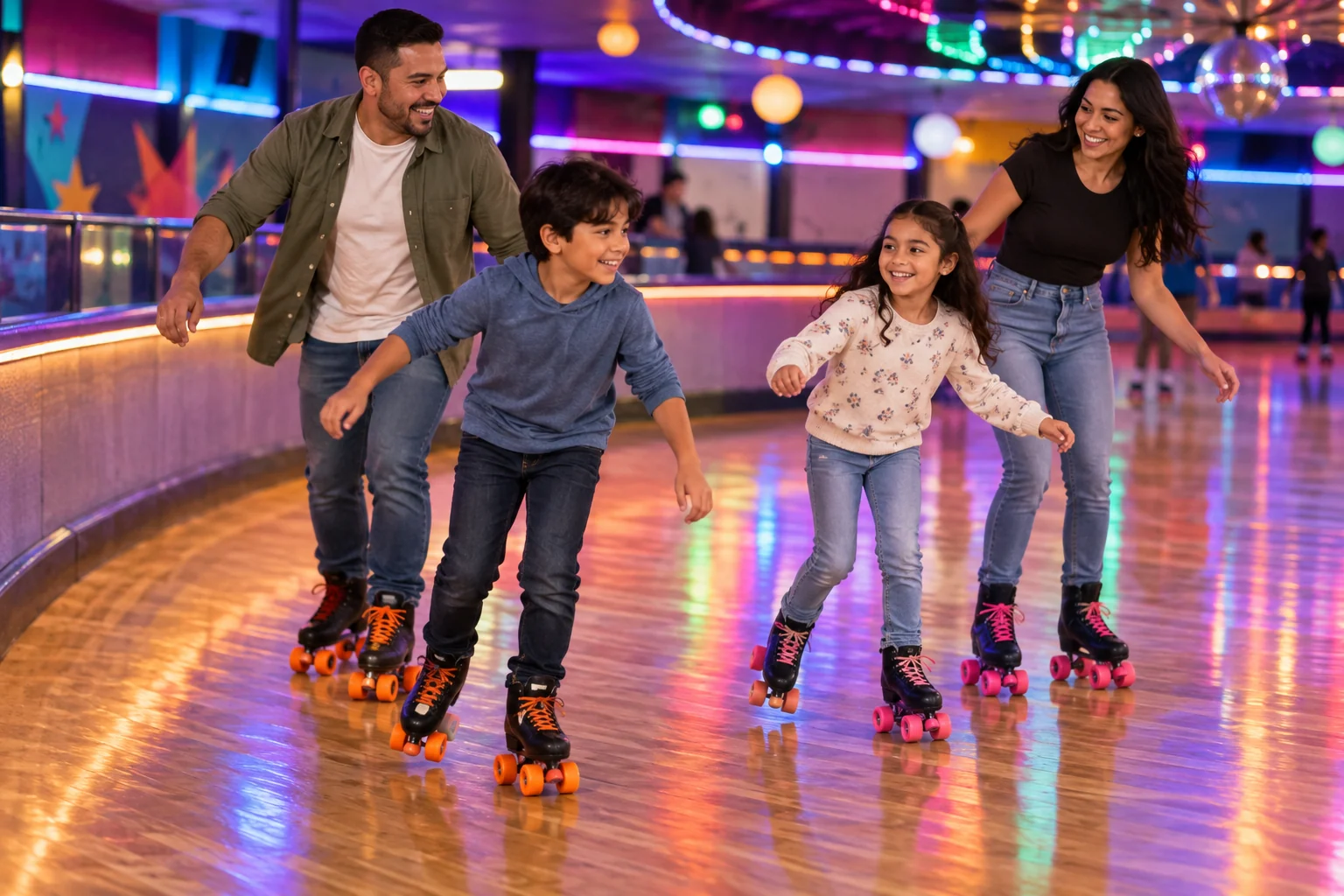 AI-generated family outing inspired by Skate City · Shawnee Mission; not a photograph of the venue.