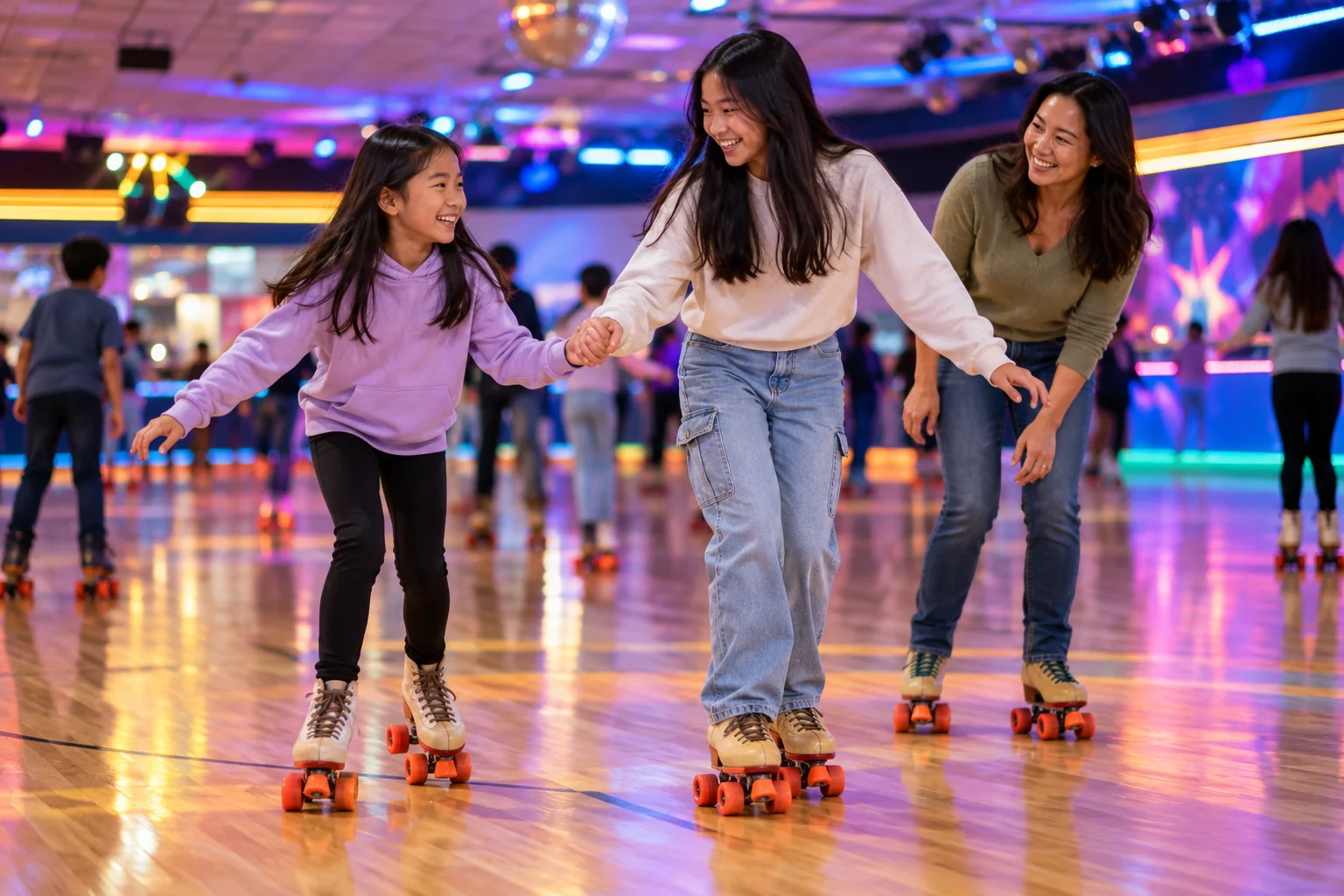 AI-generated family outing inspired by Skate City · Shawnee Mission; not a photograph of the venue.