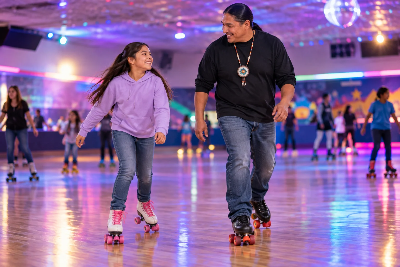 AI-generated family outing inspired by Skate City · Wyandotte; not a photograph of the venue.