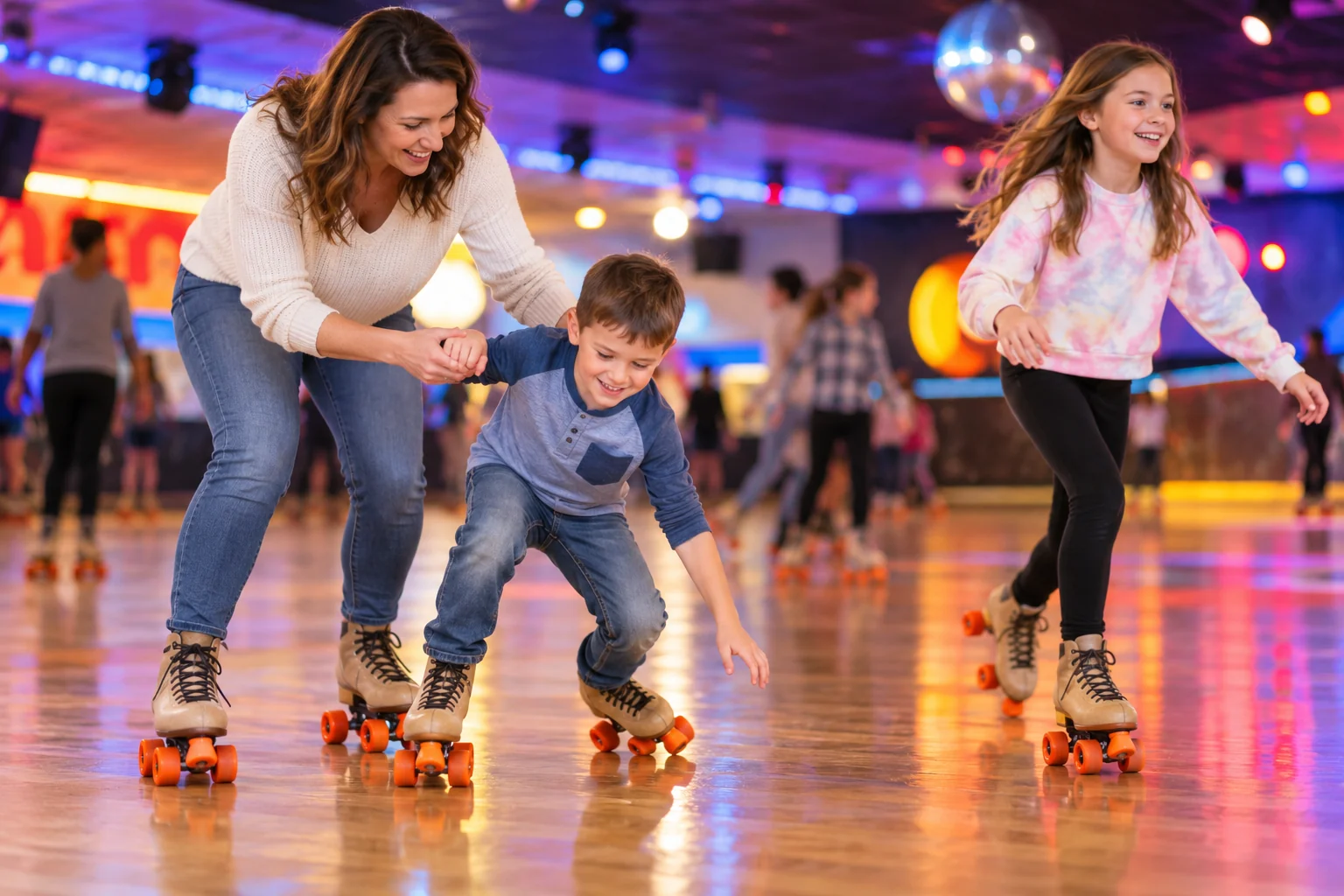 AI-generated family outing inspired by Skate City · Wyandotte; not a photograph of the venue.