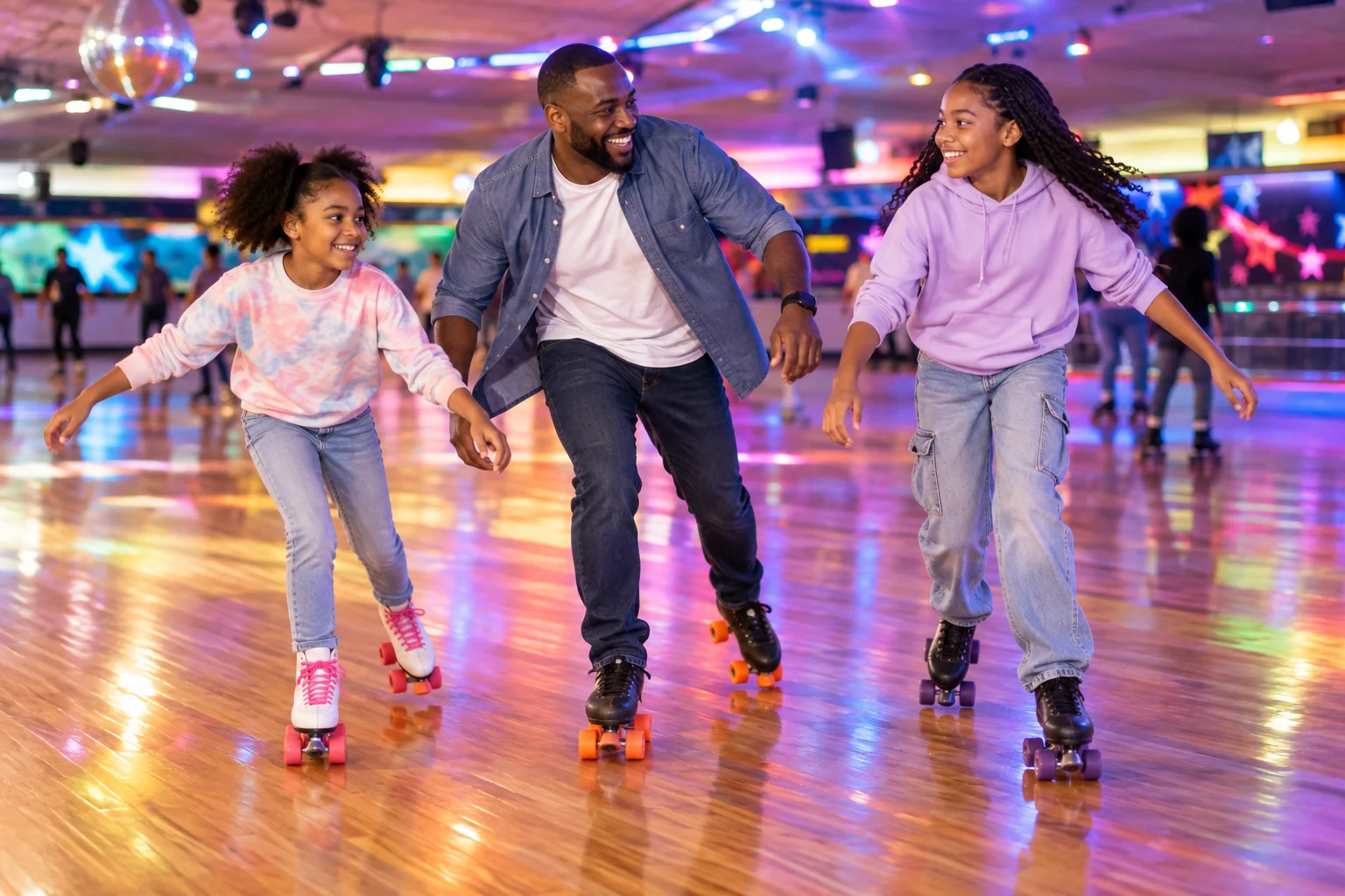 AI-generated family outing inspired by Skate City · Wyandotte; not a photograph of the venue.