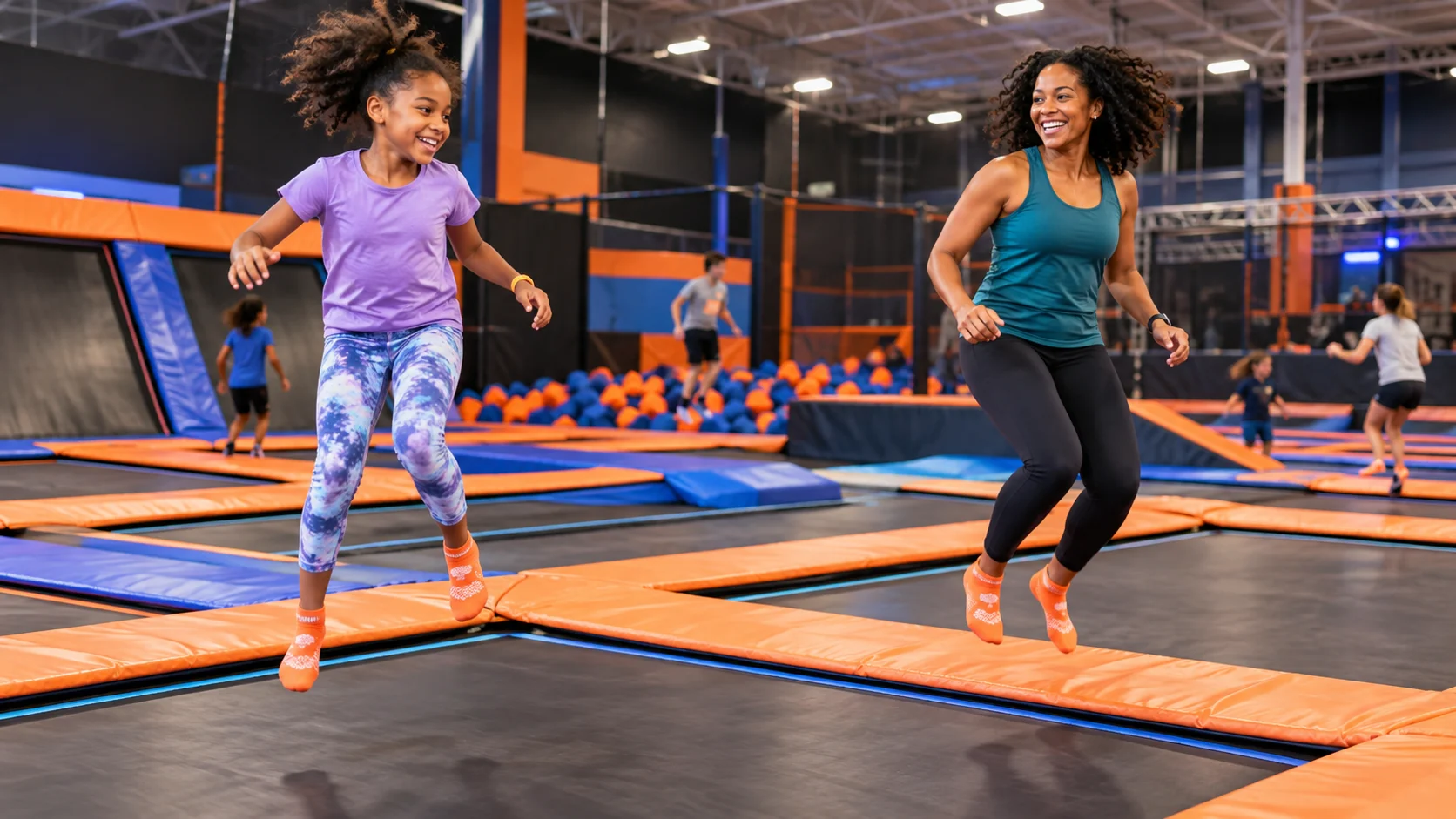 AI-generated family outing inspired by Sky Zone · Lee’s Summit; not a photograph of the venue.