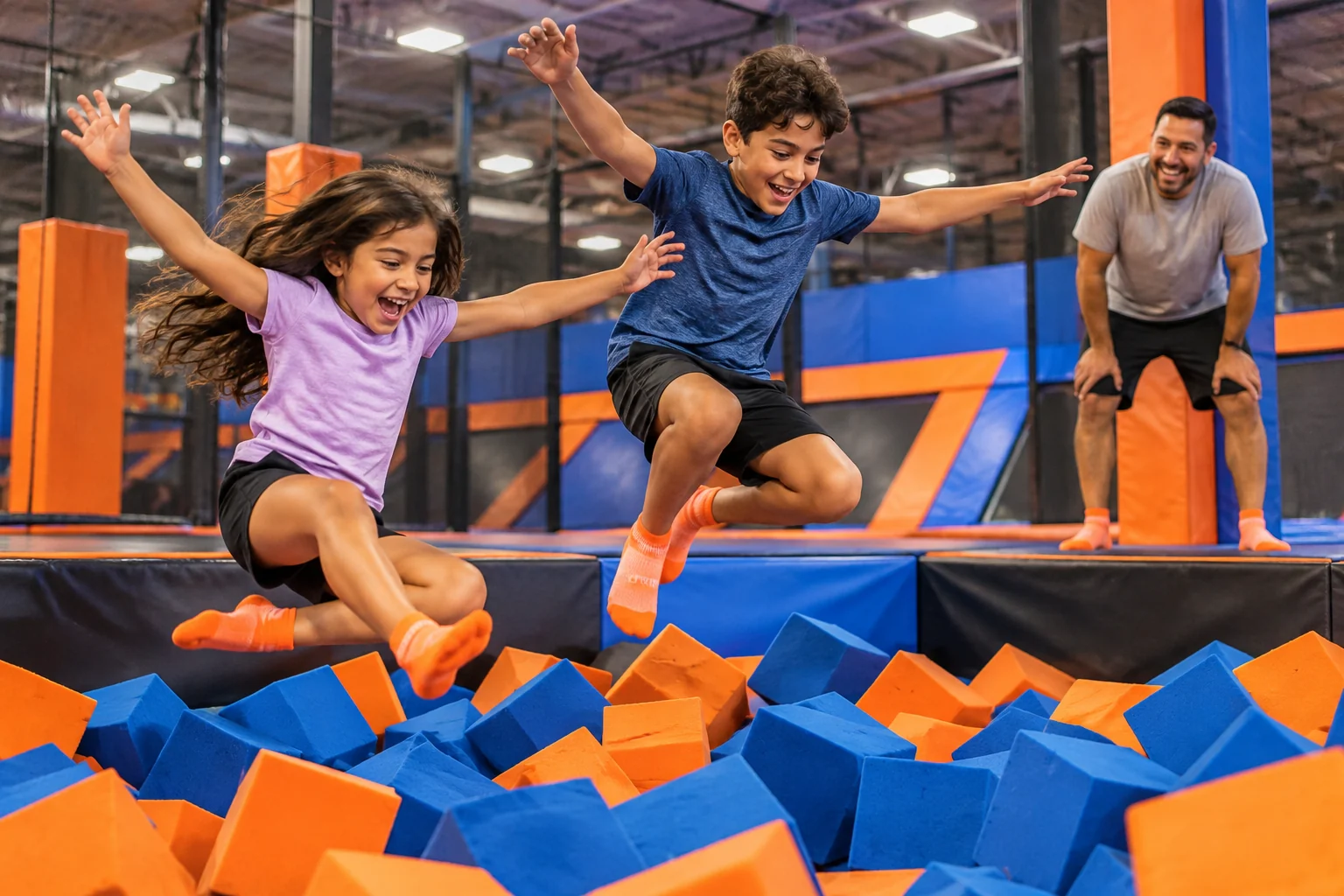 AI-generated family outing inspired by Sky Zone · Lee’s Summit; not a photograph of the venue.