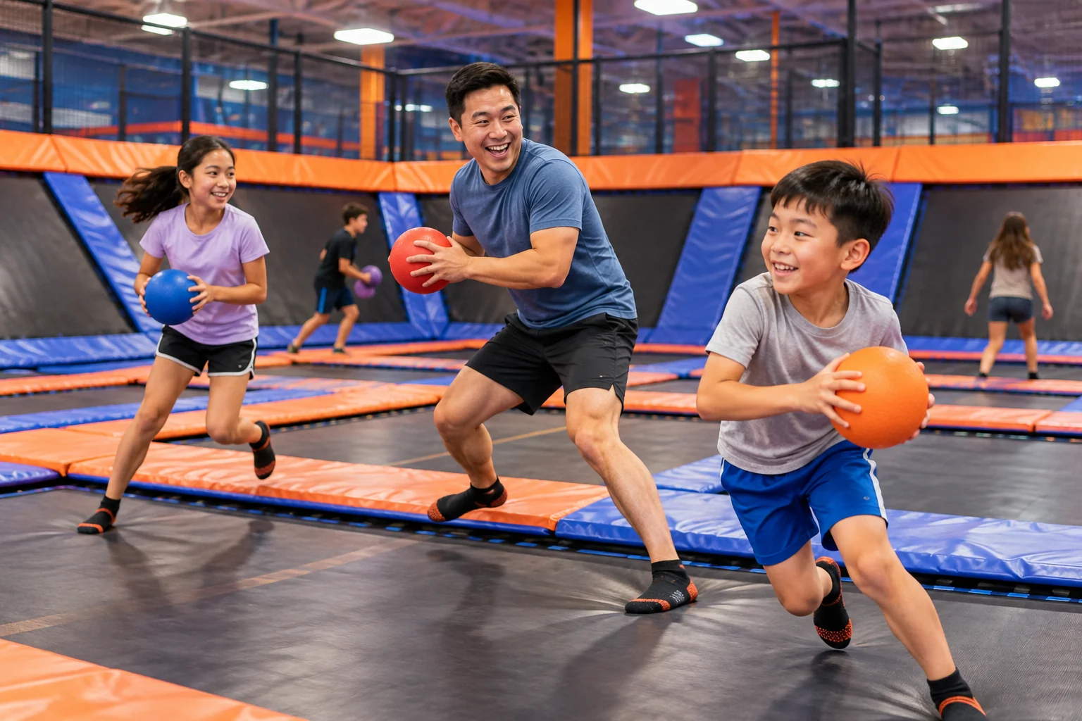 AI-generated family outing inspired by Sky Zone · Lee’s Summit; not a photograph of the venue.