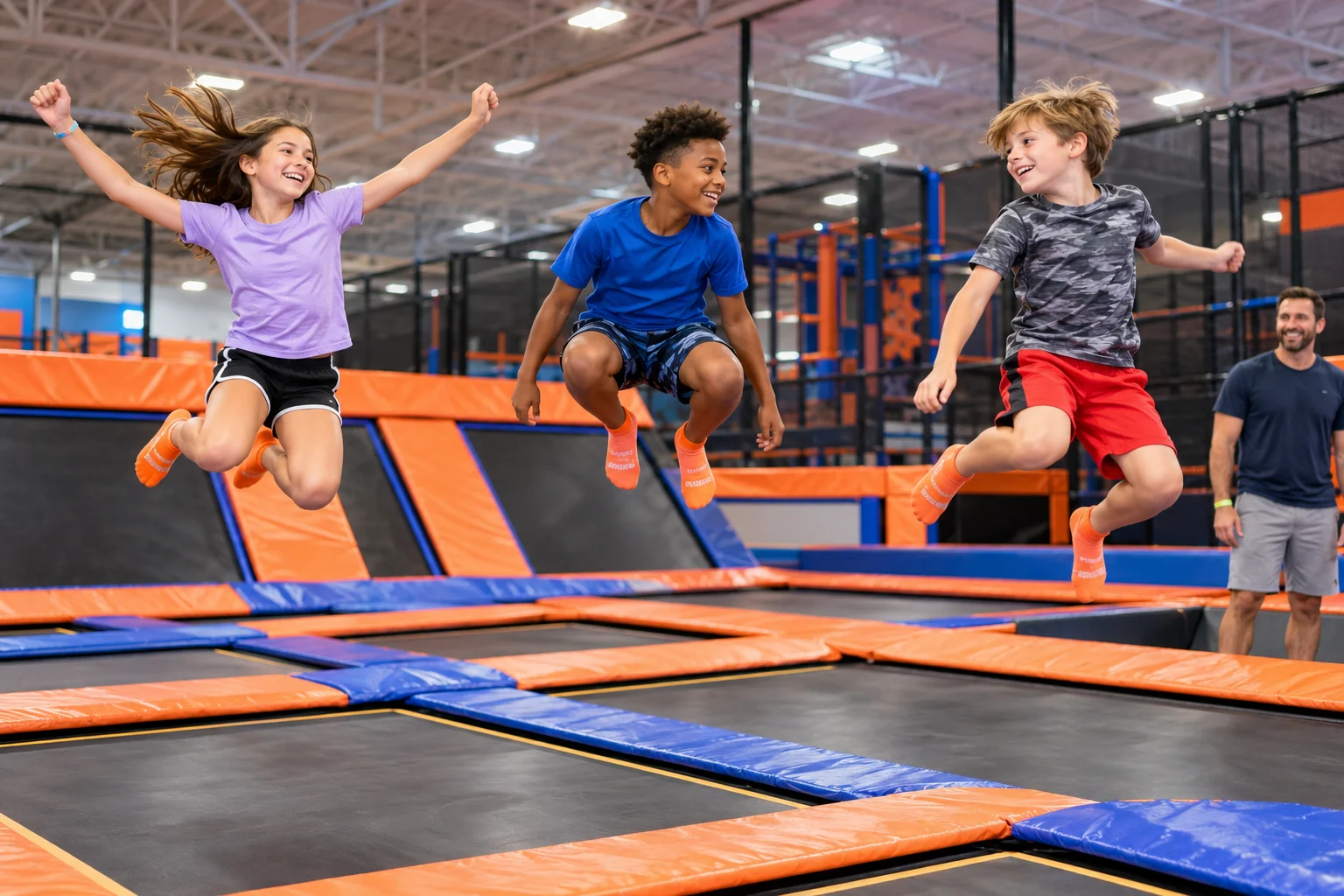 AI-generated trampoline + adventure experience illustration; not a photograph of Sky Zone · Lee’s Summit