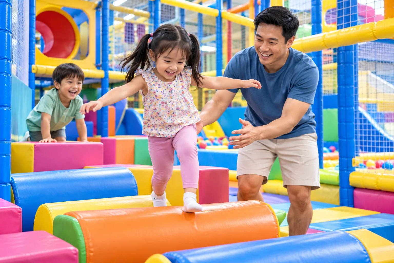 AI-generated family outing inspired by Superkidz Club; not a photograph of the venue.