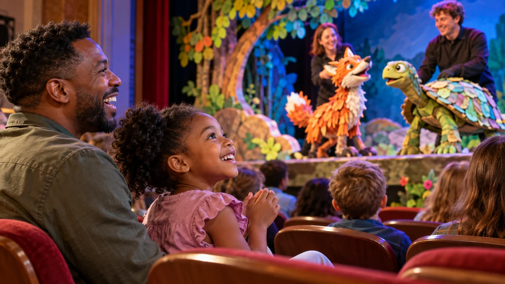 AI-generated family outing inspired by Theatre for Young America · Union Station; not a photograph of the venue.