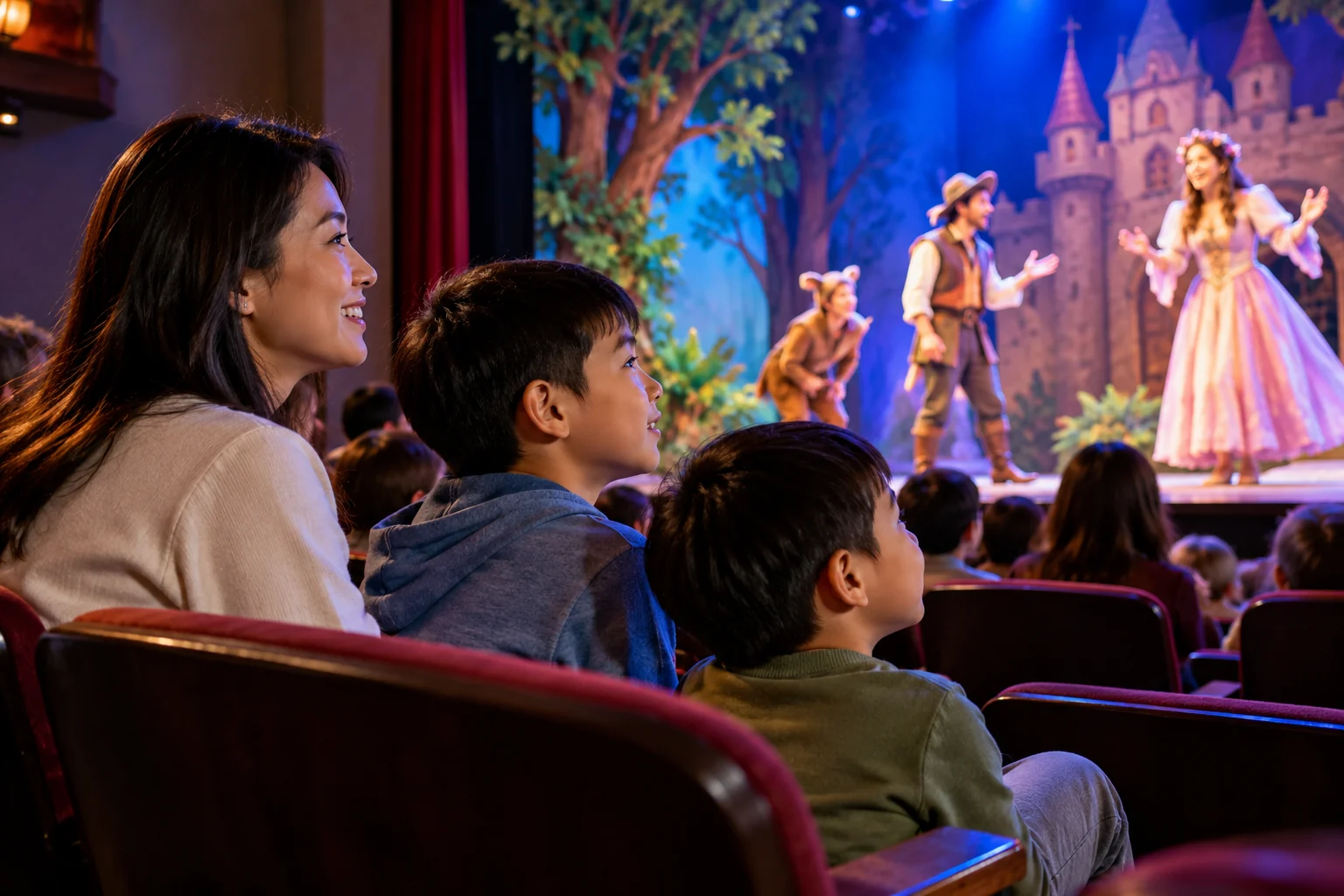 AI-generated family outing inspired by Theatre for Young America · Union Station; not a photograph of the venue.