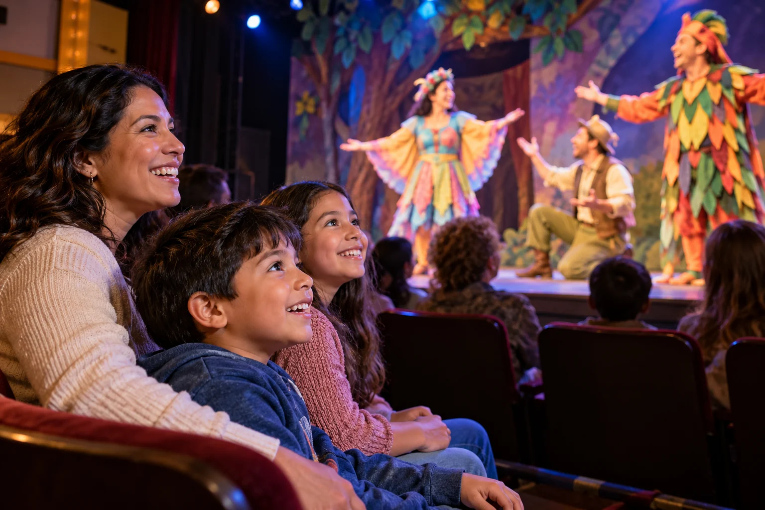 AI-generated theater + classes experience illustration; not a photograph of Theatre for Young America · Union Station