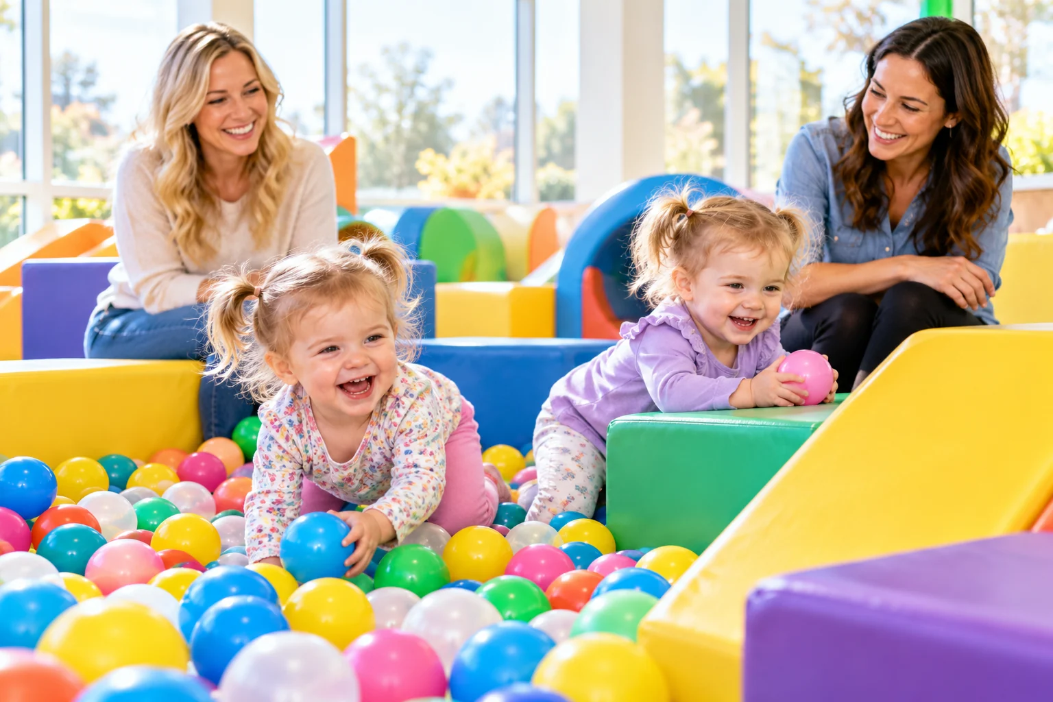 AI-generated family outing inspired by Tiny Tots Indoor Play Café; not a photograph of the venue.