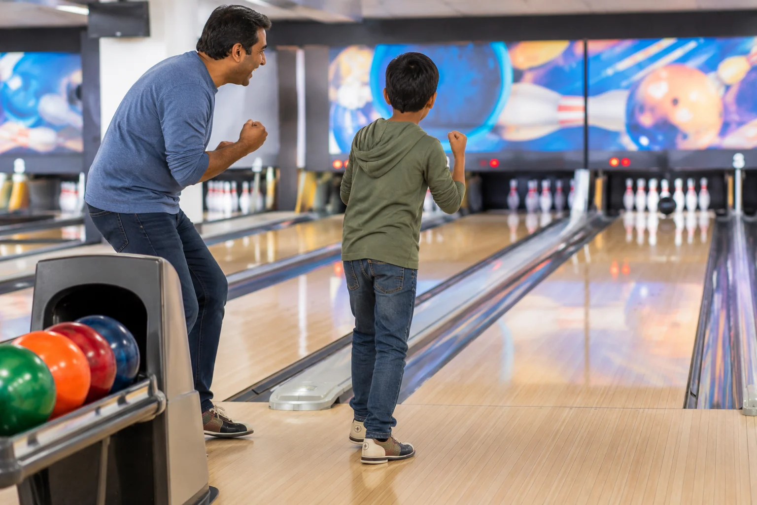 AI-generated family outing inspired by Ward Parkway Lanes; not a photograph of the venue.