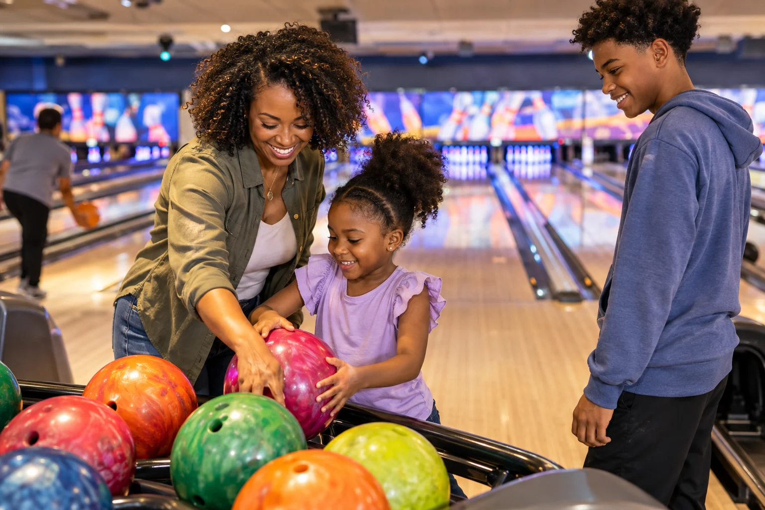 AI-generated bowling + games experience illustration; not a photograph of Ward Parkway Lanes