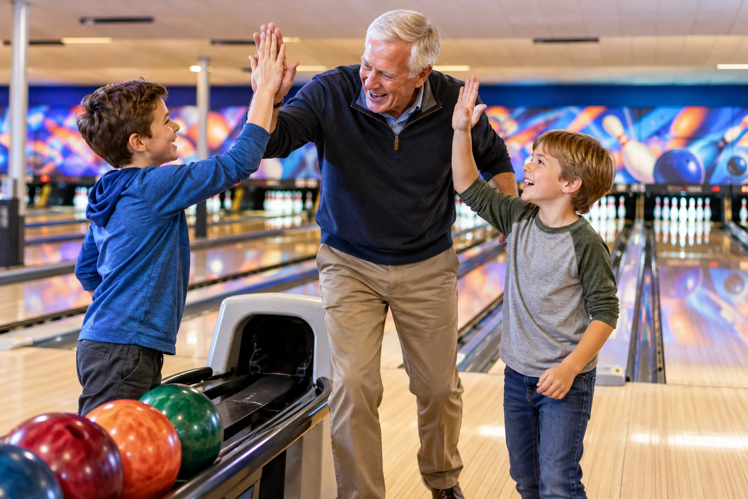 AI-generated family outing inspired by Ward Parkway Lanes; not a photograph of the venue.