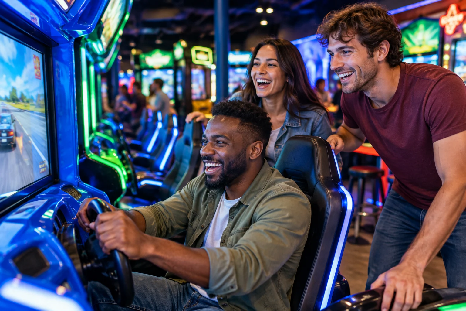 AI-generated outing illustration inspired by Andretti Indoor Karting + Games; not a photograph of the venue.