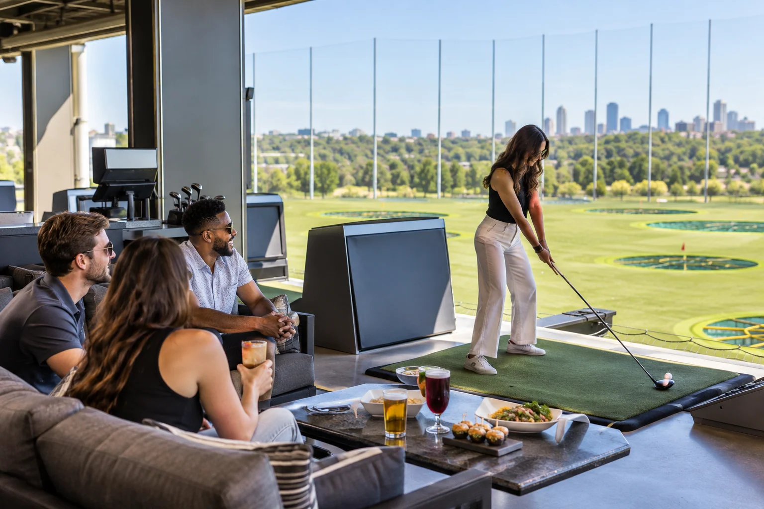 AI-generated play + compete experience illustration; not a photograph of Topgolf Overland Park