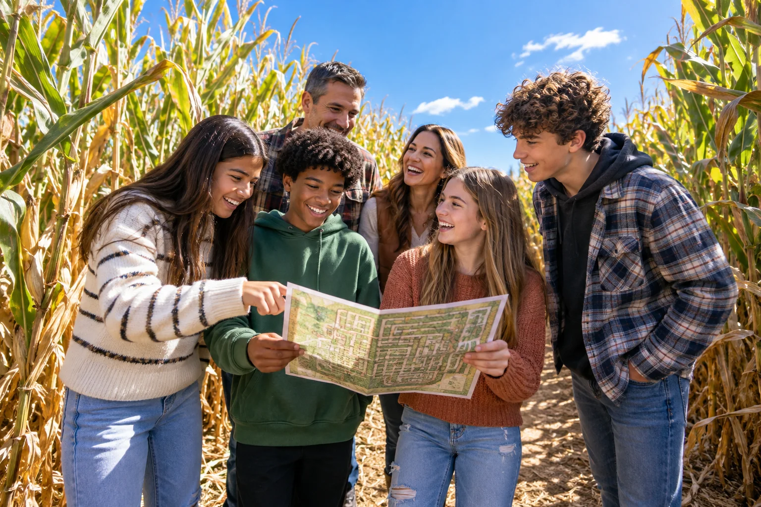 Family enjoying an outing like Liberty Corn Maze — editorial illustration