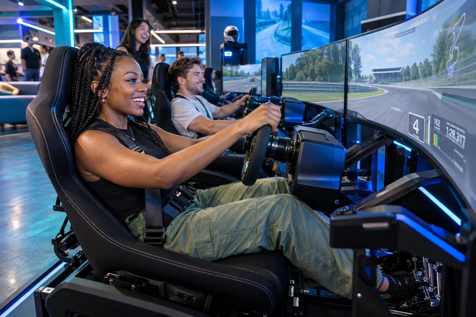 AI-generated activity illustration inspired by Andretti Indoor Karting + Games; not a photograph of the venue.