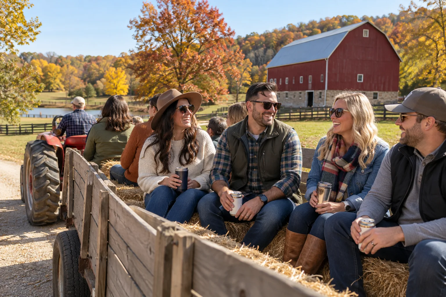 AI-generated seasonal activities experience illustration; not a photograph of Weston Red Barn Farm — Fall Weekends